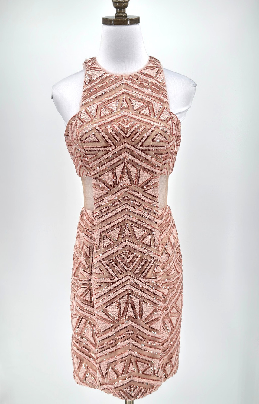GB Gianni Bini Juniors Rose Gold Geometric Mesh Sequin Cocktail Dress Sz 9